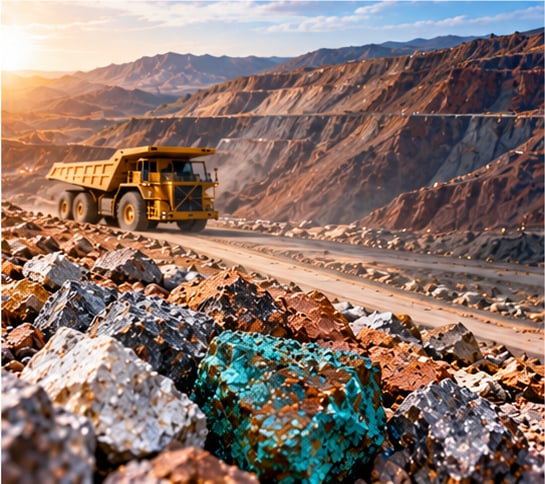Haul truck in an open-pit mine with mineral ore in the foreground