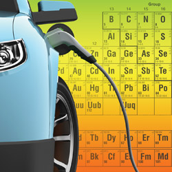 A blue electric vehicle plugged into a charging cable, set against a colorful periodic-table background