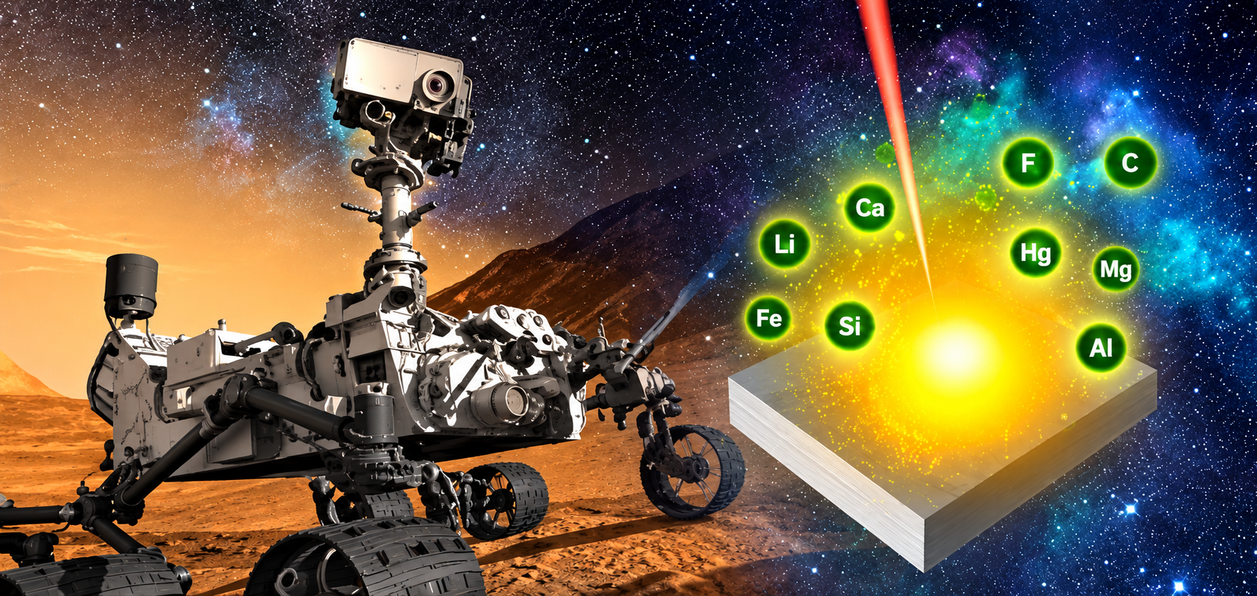 Illustration of the Mars rover firing its LIBS laser at a sample, surrounded by the elements it detects including F, C, Ca, Li, Hg, Mg, Fe, Si, and Al